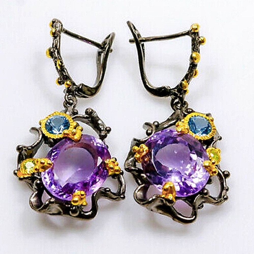 Purple Amethyst Sterling Silver  Drop Earrings